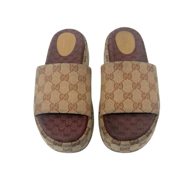Gucci Angelina GG Canvas Monogram Print Platform Slides Brown Size 38.5 - Picture 1 of 9